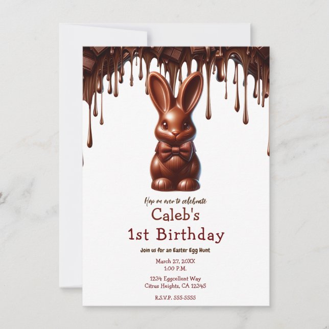 Convite Lindo laço de chocolate coelho de Páscoa 1º aniver (Frente)