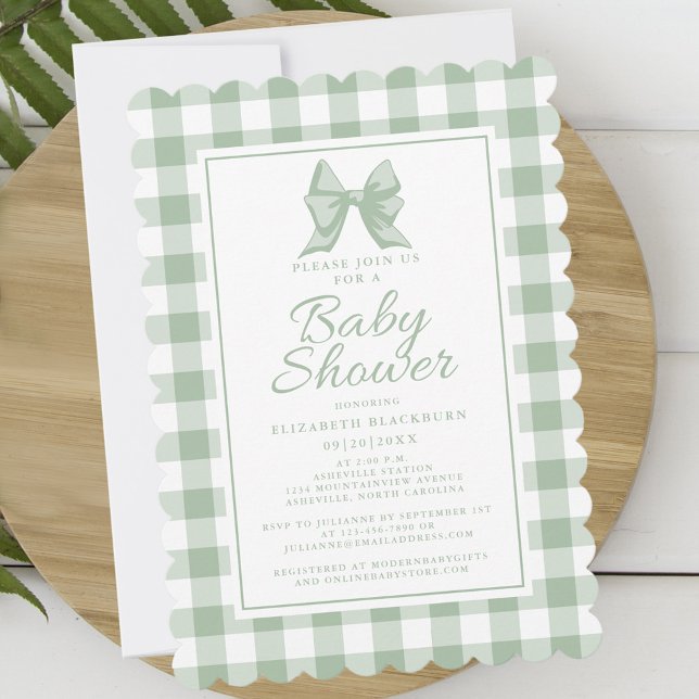 Convite Lindo Laço Xadrez Verde Pastel e Branco (Cute Bow Pastel Green White Gingham Check Pattern Invitation)