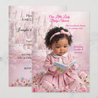 Convite Lindo Livro de Chuvada de Bebê Menina Rosa Étnica