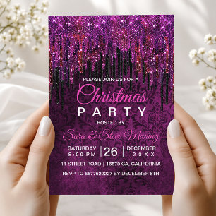 Convite Lindo Natal de rosa quente preto com Glitter Drips