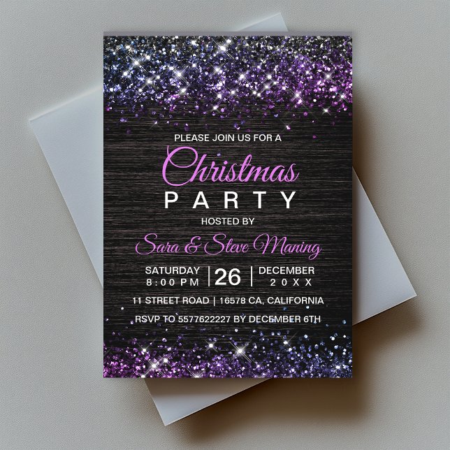 Convite Lindo Natal preto roxo com brilho falso  (Criador carregado)