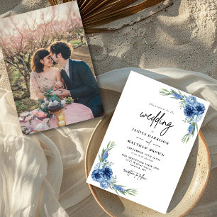 Convite Lindo Pó Azul Floral Foto Casamento