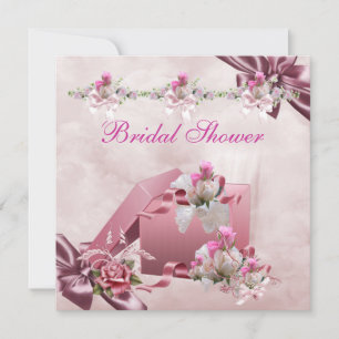 Convite Lindo Presente Branco Rosa Flor Rosa para Chá de N