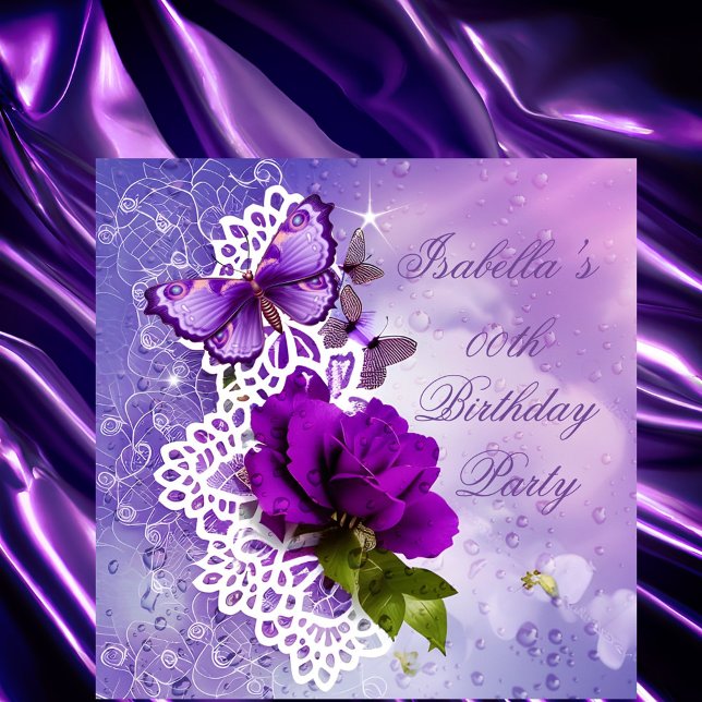 Convite Lindo Renda Borboleta Roxa Flores Aniversário (Criador carregado)