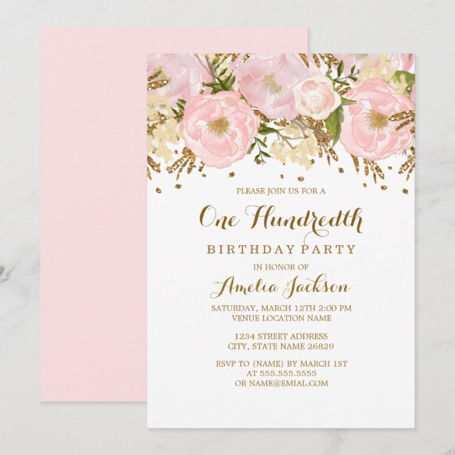 Convite Lindo Rosa Bege Dourado Floral 100º Aniversário (Frente/Verso)