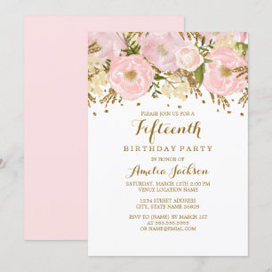 Convite Lindo Rosa Bege Dourado Floral 15º Aniversário