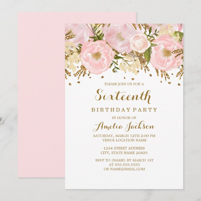 Convite Lindo Rosa Bege Dourado Floral 16º Aniversário (Frente/Verso)