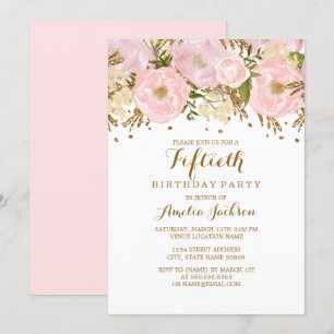 Convite Lindo Rosa Bege Dourado Floral 50º Aniversário