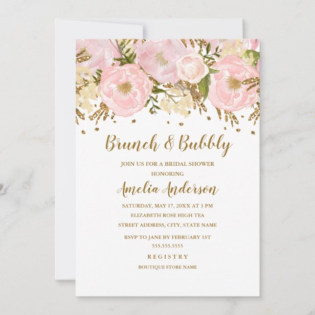 Convite Lindo Rosa Bege Dourado Floral Brunch E Bubbly (Frente)