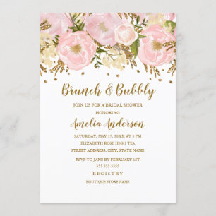 Convite Lindo Rosa Bege Dourado Floral Brunch E Bubbly
