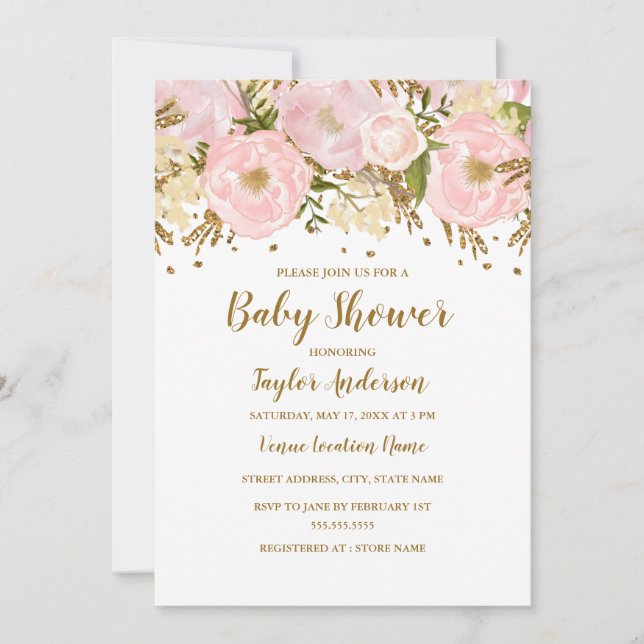 Convite Lindo Rosa Bege Dourado Floral Chá de Bebê (Frente)