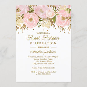 Convite Lindo Rosa Bege Dourado Floral Sweet Sixteen