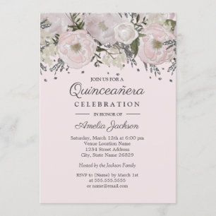 Convite Lindo Rosa Bege Prata Floral Quinceanera