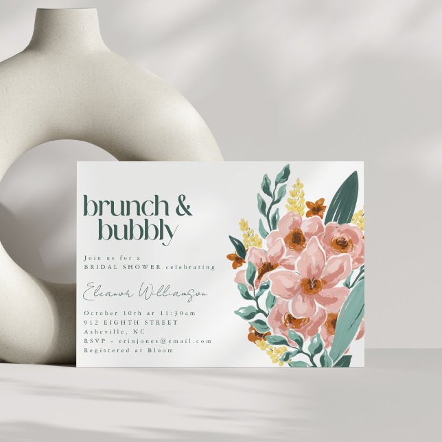 Convite Lindo Rosa Floral Brunch Bubbly Menta Salvia (Criador carregado)