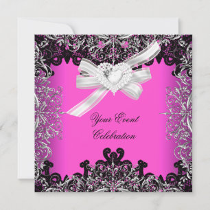 Convite Lindo Rosa Quente Branco Preto Renda Elegante Fest