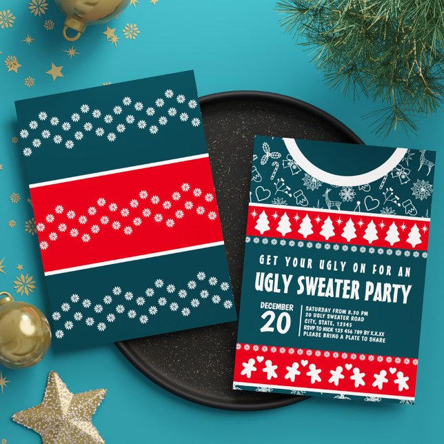 Convite Lindo Suéter Feio Moderno Vermelho e Azul Festa de (Cute Modern Red and Blue Ugly Sweater Xmas Party Invitation)