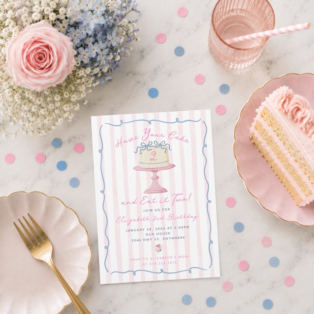 Convite Lindo Tenha Você Bolo e Coma Dois 2º Aniversário (Quirky Hand Drawn Have You Cake and Eat it Two Invitation)