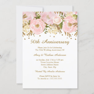Convite Lindo Tomara Rosa Floral Dourado 50º Aniversário