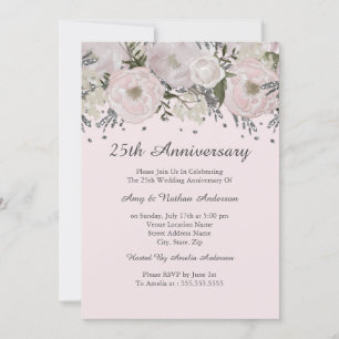 Convite Lindo Tomara Rosa Prata Floral 25º Aniversário