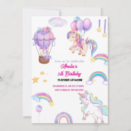 Convite Lindo Unicórnio Arco-Íris Festa Cor-de-Rosa para M