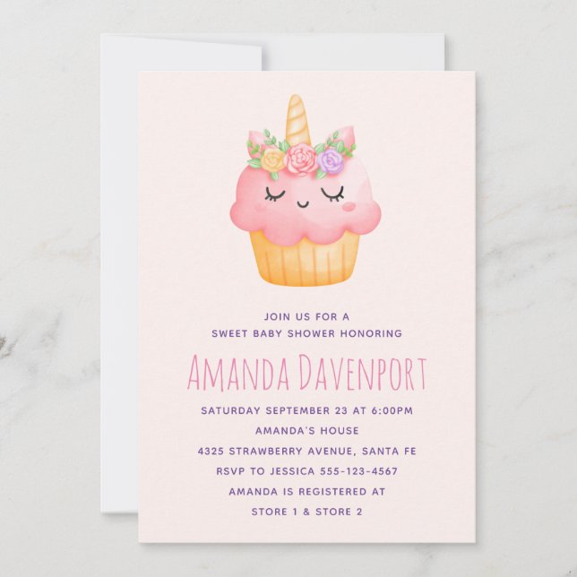 Convite Lindo Unicórnio de Cupcake Rosa com Rosas para Chá (Frente)