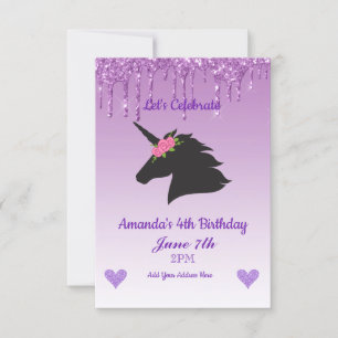 Convite Lindo Unicórnio Floral Roxo com Brilho Pingando
