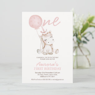 Convite Lindo Unicórnio Rosa Primeiro Aniversário