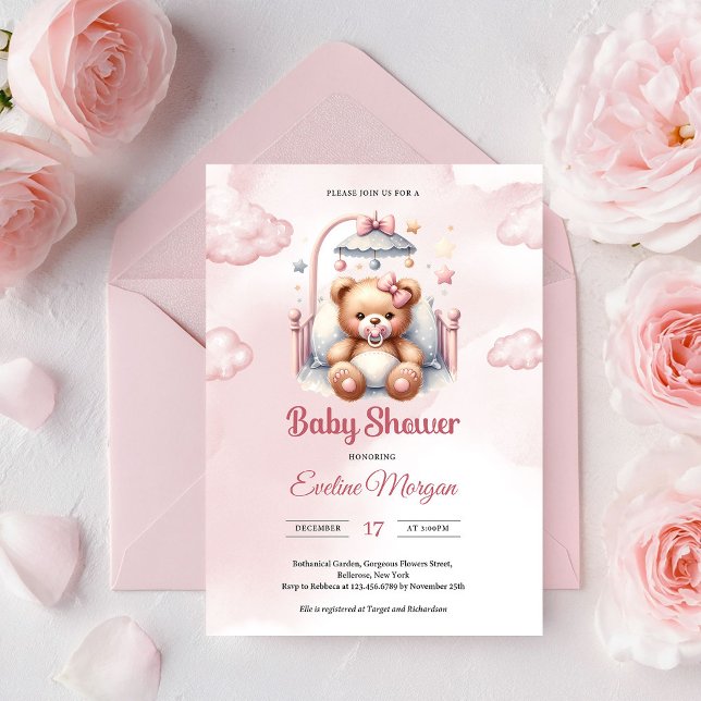 Convite Lindo ursinho de pelúcia menina em água-marinha ro (Blush Pink Teddy Bear Cloud Girl Baby Shower Invite Editable Printable Template)