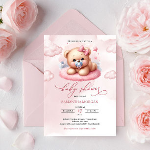 Convite Lindo ursinho de pelúcia rosa em aquarela com chup