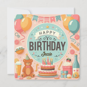 Convite Lindo Urso de Pelúcia Rosa Pastel Feliz Aniversári