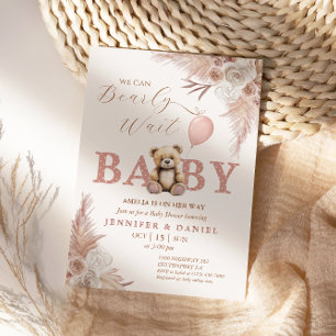 Convite Lindo Urso Mal Pode Esperar Chá de Bebê Rosa Boho