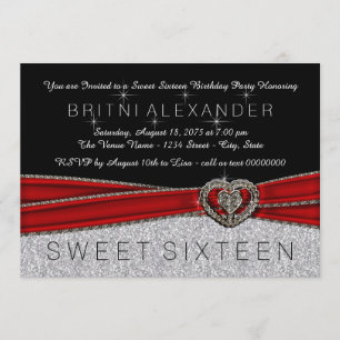 Convite Lindo vermelho, preto e prata Sweet 16