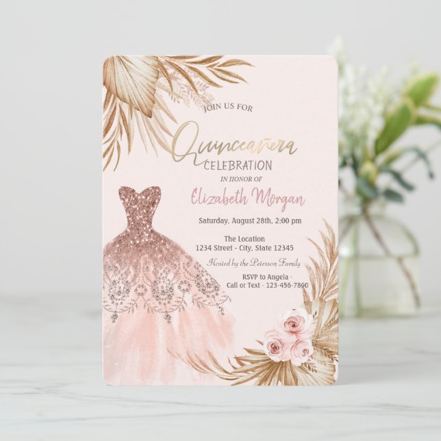 Convite Lindo vestido brilhante Boho Flores Quinceañera  (Em pé/Frente)