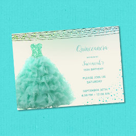 Convite Lindo Vestido Verde Água para Quinze Anos sob Luze