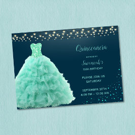 Convite Lindo Vestido Verde Espuma do Mar sob Luzes Quince