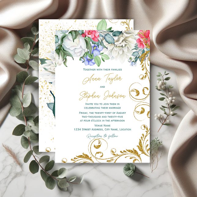 Convite Lindos botânicos com Suavimentos Dourados (Beautiful botanicals and faux gold glitter swirls invitation front and back.)