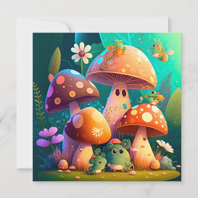 Convite Lindos cogumelos bebês verdes fofos (Frente)