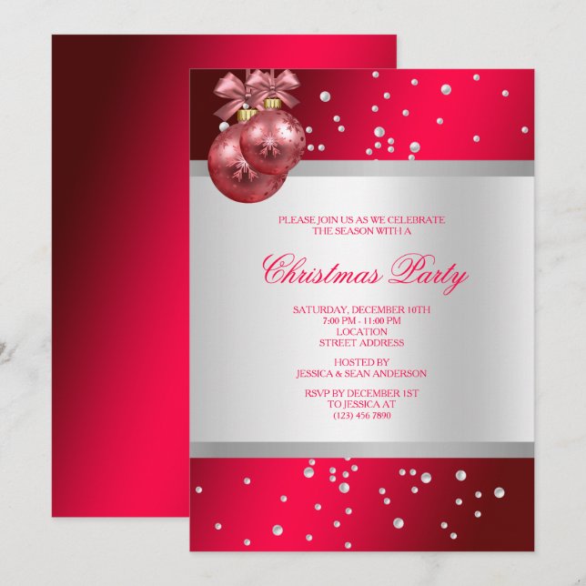 Convite Lindos enfeites e Pérolas de Prata Fuchsia Natal (Frente/Verso)