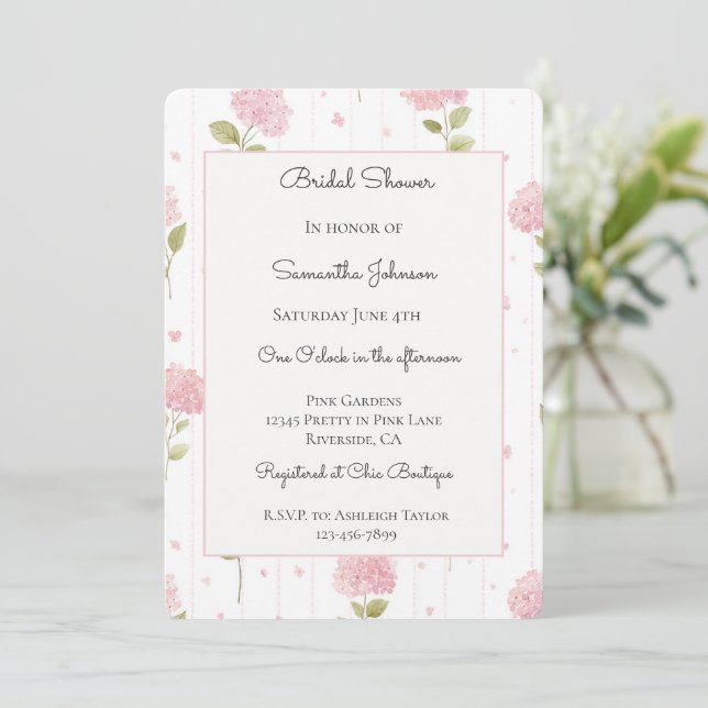 Convite Lindos Flores de Hortênsia Rosa Casamento   (Em pé/Frente)