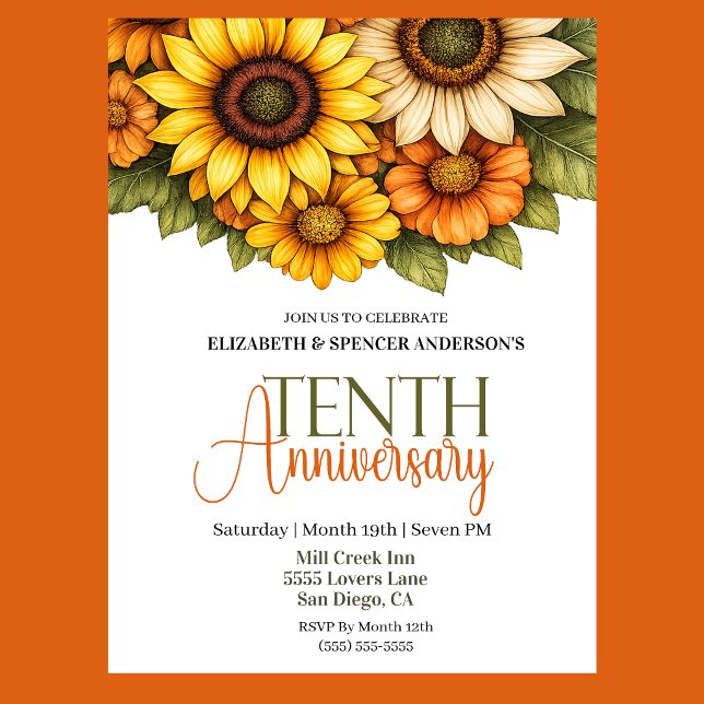 Convite Lindos Girassóis 10º Aniversário  (Pretty Sunflowers 10th Wedding Anniversary Party Invitation.)