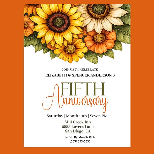 Convite Lindos Girassóis 5º Aniversário  (Pretty Sunflowers 5th Wedding Anniversary Party Invitation.)