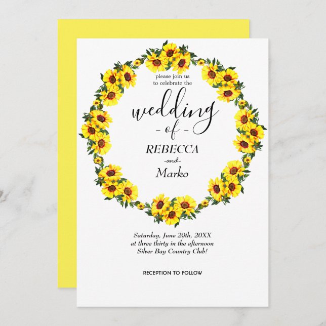 Convite Lindos girassóis amarelos num simples invi branco (Frente/Verso)