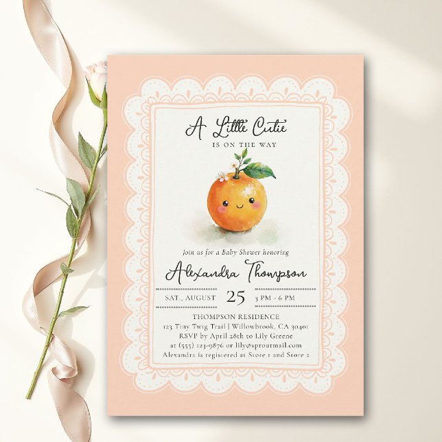 Convite Lindos Pequenos Scallops Laranja Floral Chá de Beb (little cutie orange theme baby shower invitation citrus watercolor illustration blush pink scalloped)