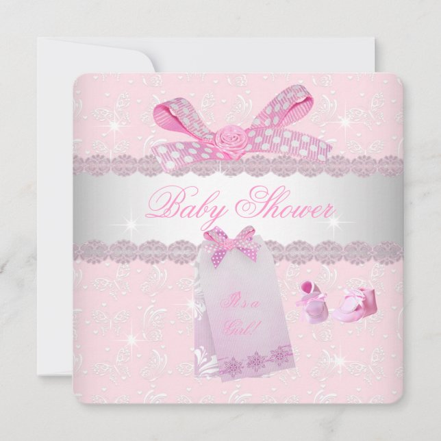 Convite Lindos Pés de Bebê Rosa para Chás de Bebê Menina (Frente)