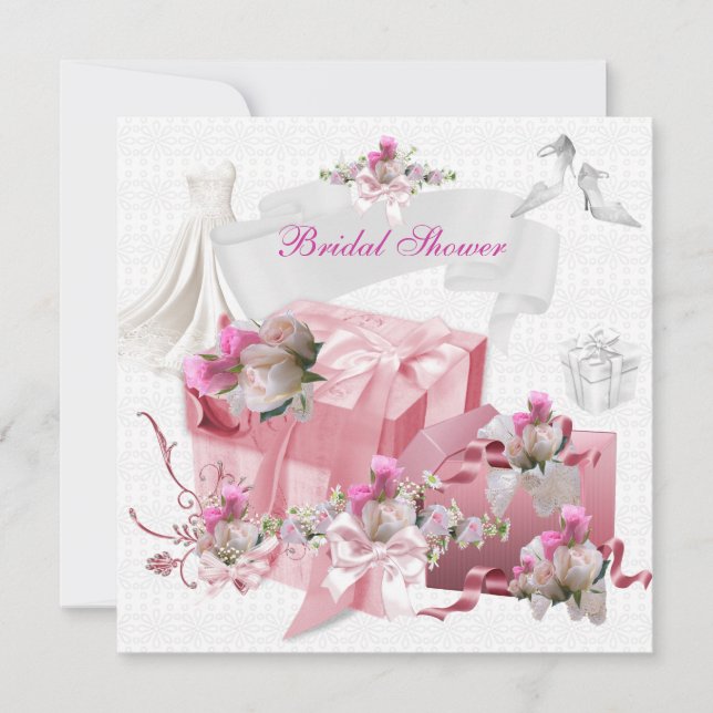 Convite Lindos Presentes Flores Rosa Branco Chá de Noiva (Frente)