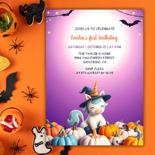 Convite Lindos Unicórnios de Halloween Abóboras Menina 1º 