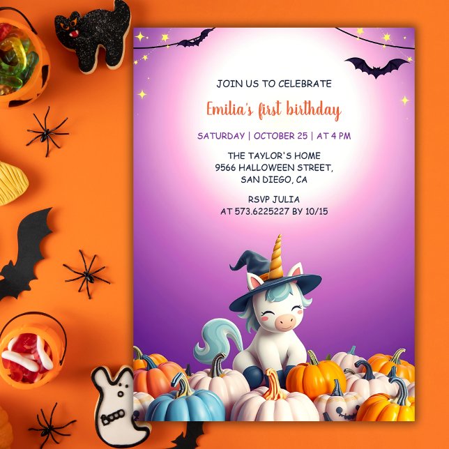 Convite Lindos Unicórnios de Halloween Abóboras Menina 1º  (Halloween Unicorn First Birthday Invitation for Girls)