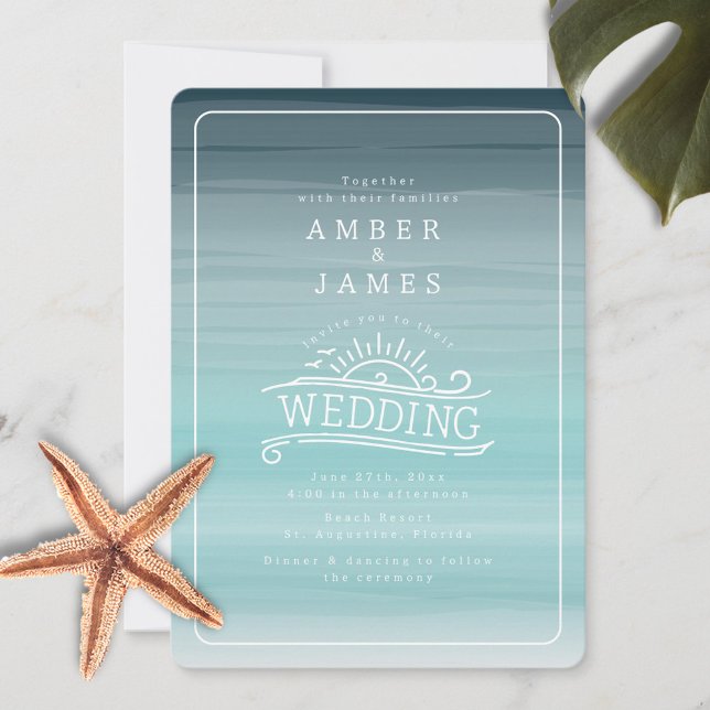 Convite Line Art Beach Wedding Teal Ombre (Criador carregado)
