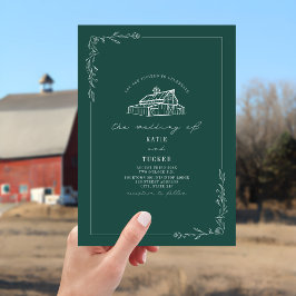 Convite Line Art Rustic Barn Emerald Weding