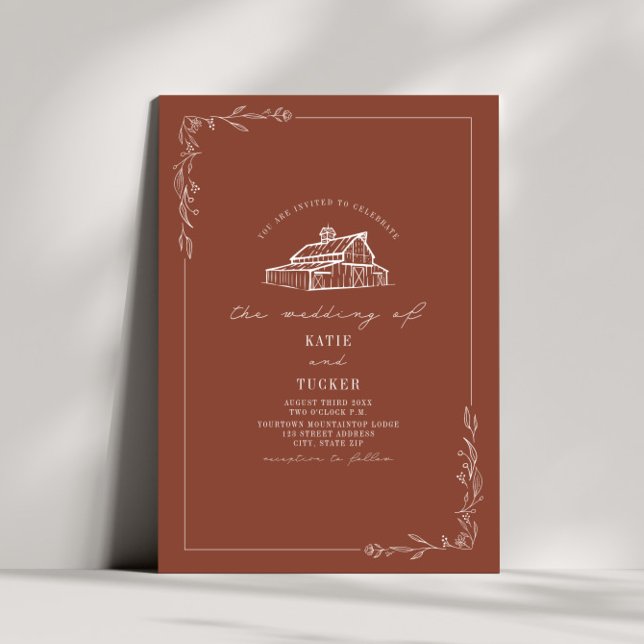 Convite Line Art Rustic Barn Terracotta Wedding (Criador carregado)